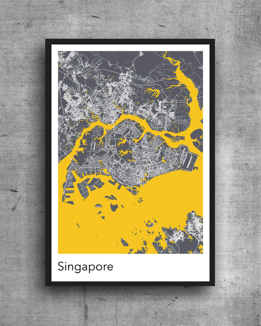 Singapore modern minimalist map print poster. Quality colourful poster of Singapore quality art paper