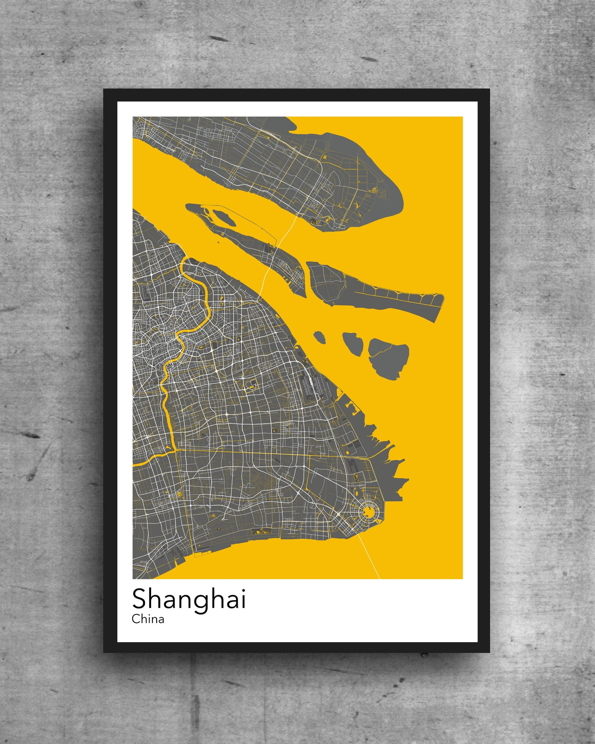 a yellow poster with a map of shanghai