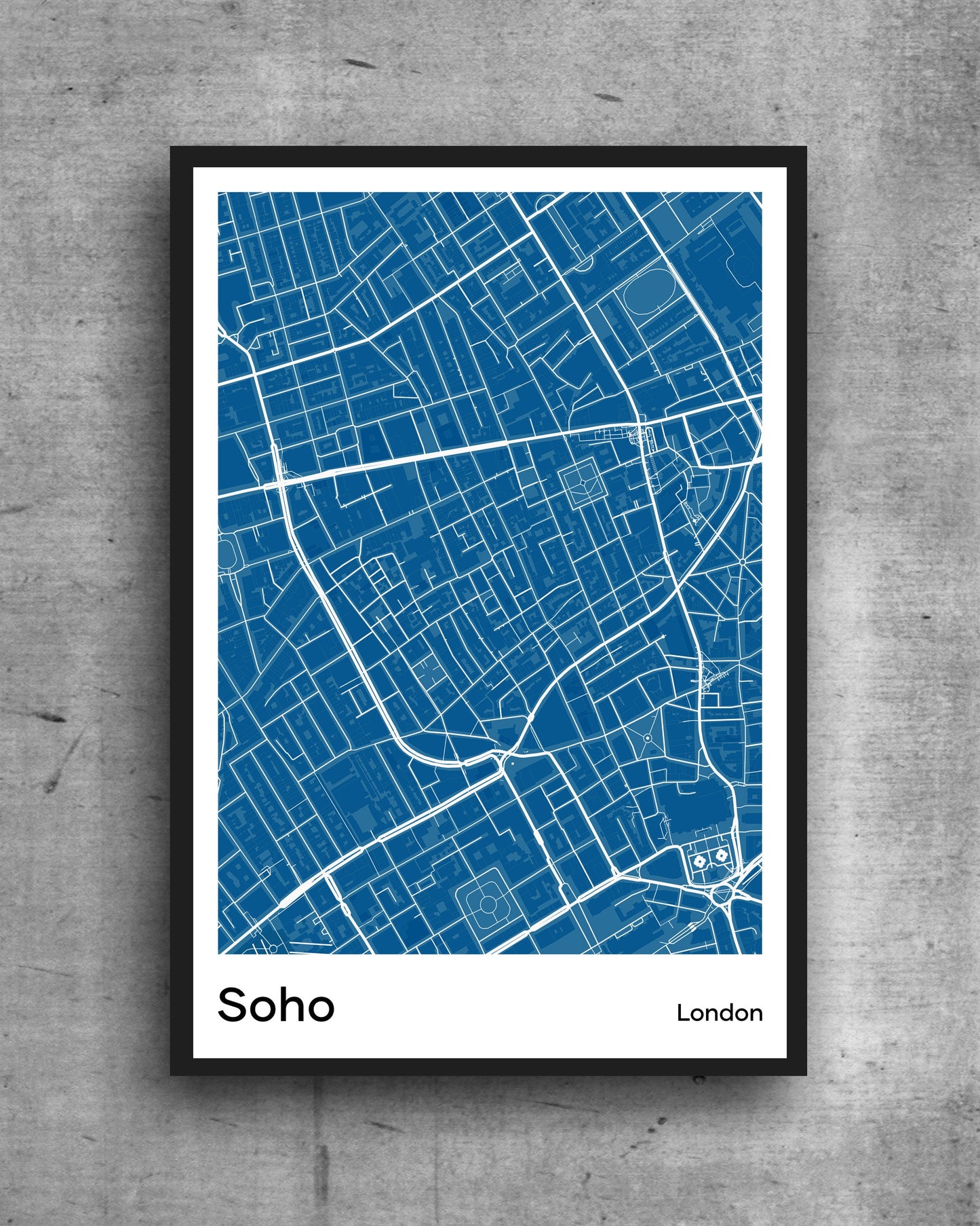 Soho modern minimalist map print poster. Quality colourful poster of island of Soho in London on quality art paper