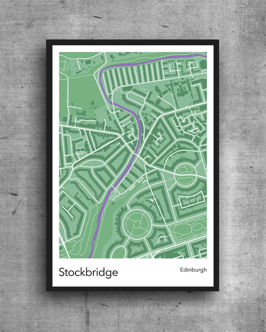 Stockbridge modern minimalist map print poster. Quality colourful poster of island of Stockbridge Edinburgh Scotland on quality art paper