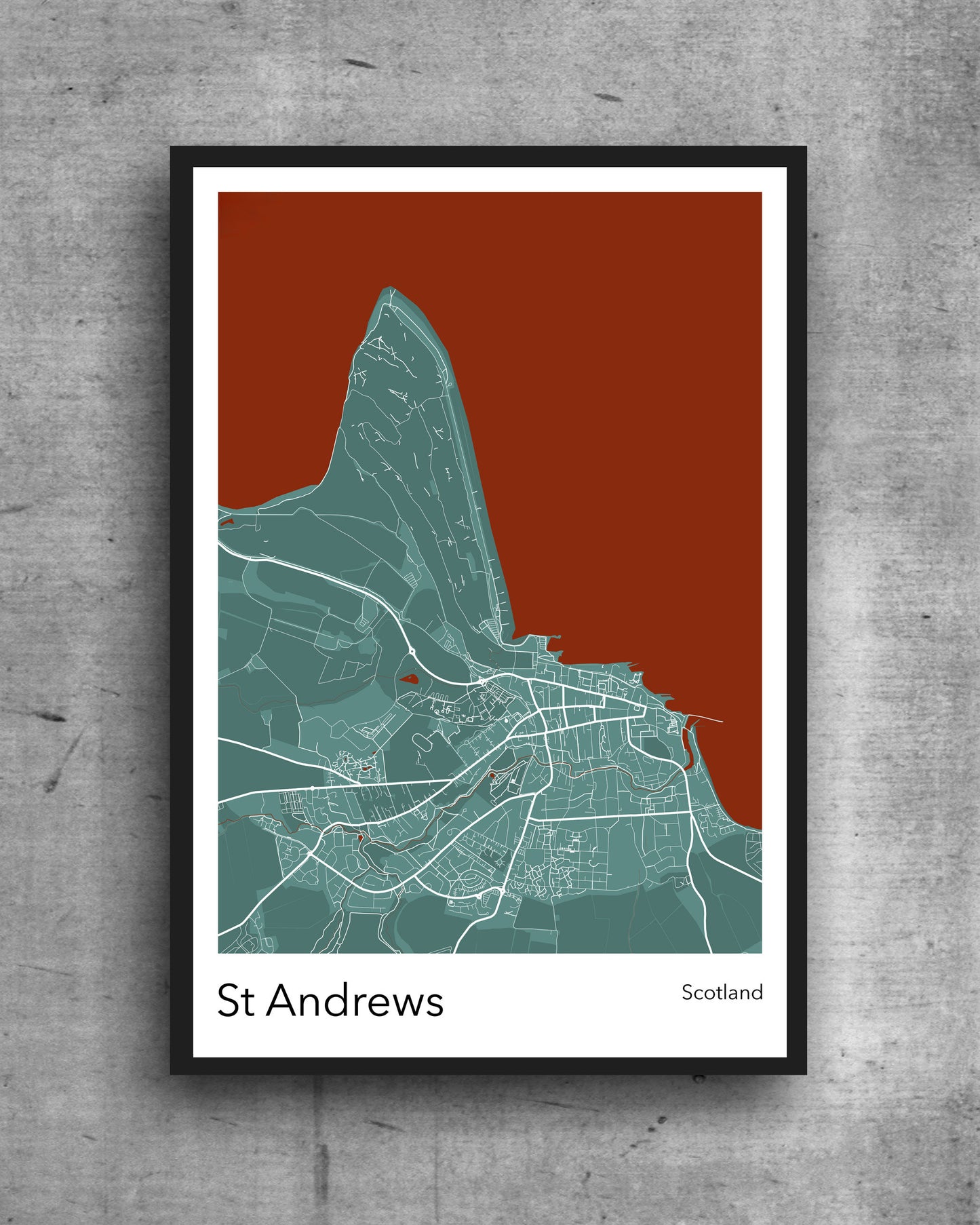 St Andrews modern minimalist map print poster. Quality colourful poster of island of St Andrews Scotland on quality art paper