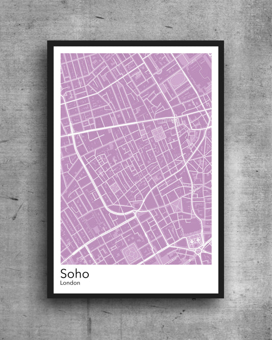 Soho in London modern minimalist map print poster. Quality colourful poster of Soho district in London on quality art paper