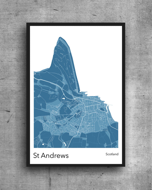 St Andrews modern minimalist map print poster. Quality colourful poster of island of St Andrews Scotland on quality art paper