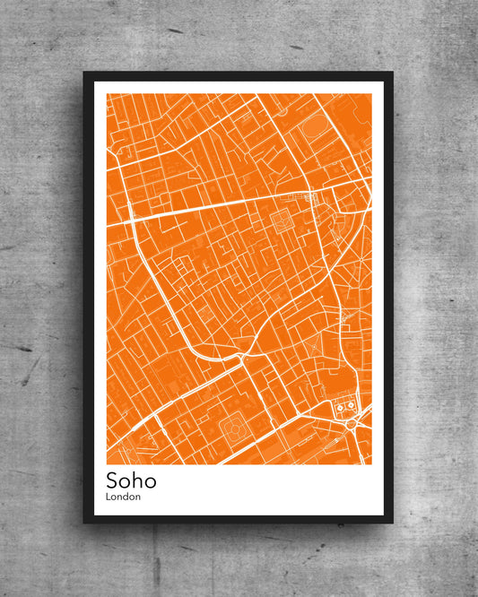 Soho in London modern minimalist map print poster. Quality colourful poster of Soho district in London on quality art paper