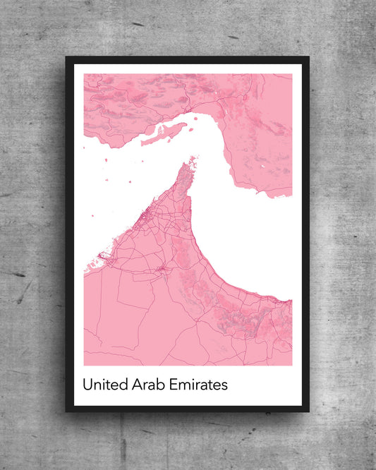 United Arab Emirates modern minimalist map print poster. A colourful poster of  the UAE on quality art paper