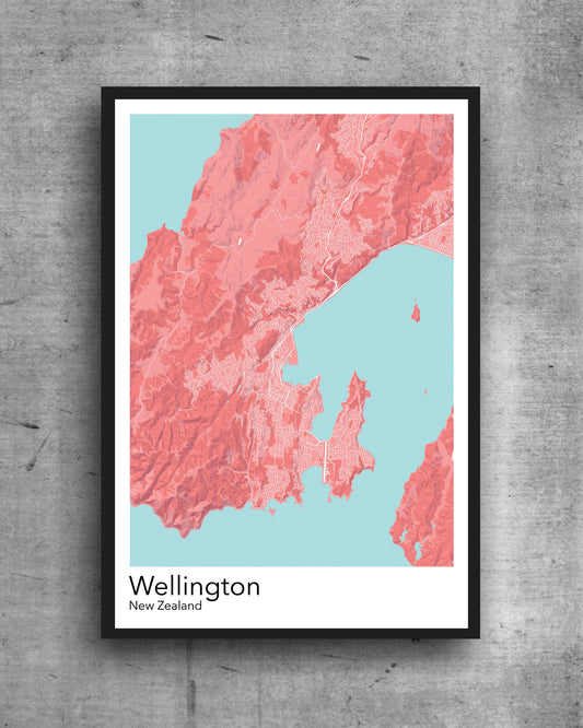 Wellington modern minimalist map print poster. Quality colourful poster of Wellington New Zealand quality art paper