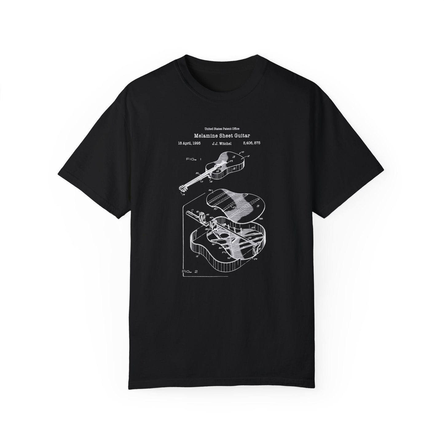 Melamine sheet guitar design from US Patent Office. A quality T shirt perfect for guitarists, music lovers, musicians, guitar fans