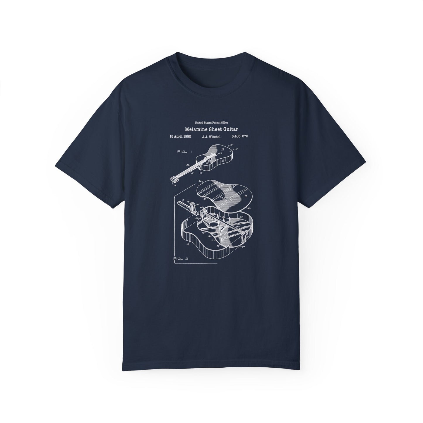 Melamine sheet guitar design from US Patent Office. A quality T shirt perfect for guitarists, music lovers, musicians, guitar fans