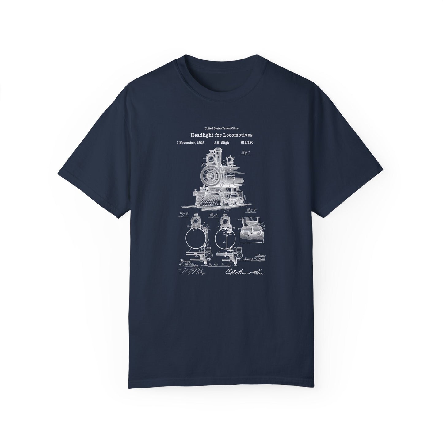 Old antique locomotive lighting design from US Patent Office. A quality T shirt perfect for railway , train, railroad fans, transport