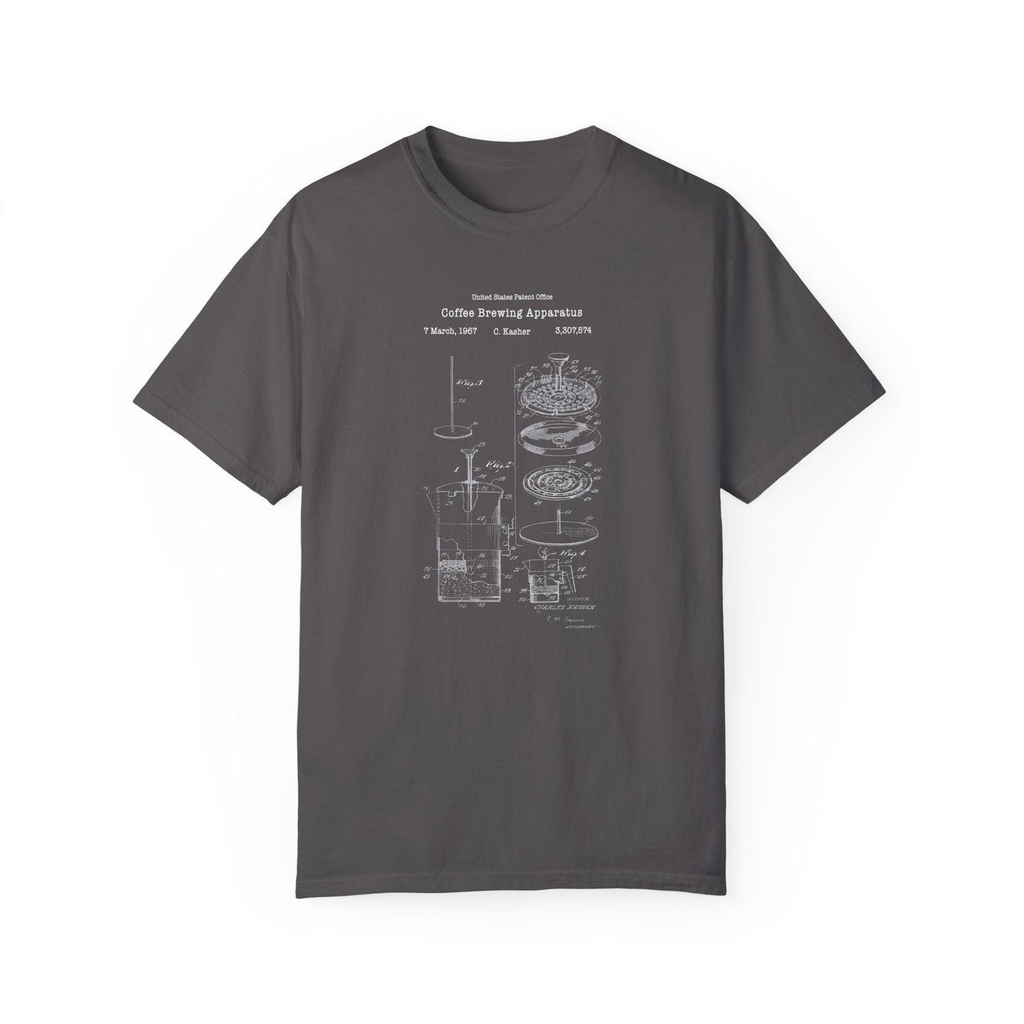 Vintage coffee brewing press  design from US Patent Office. A quality T shirt perfect for coffee and caffeine lovers