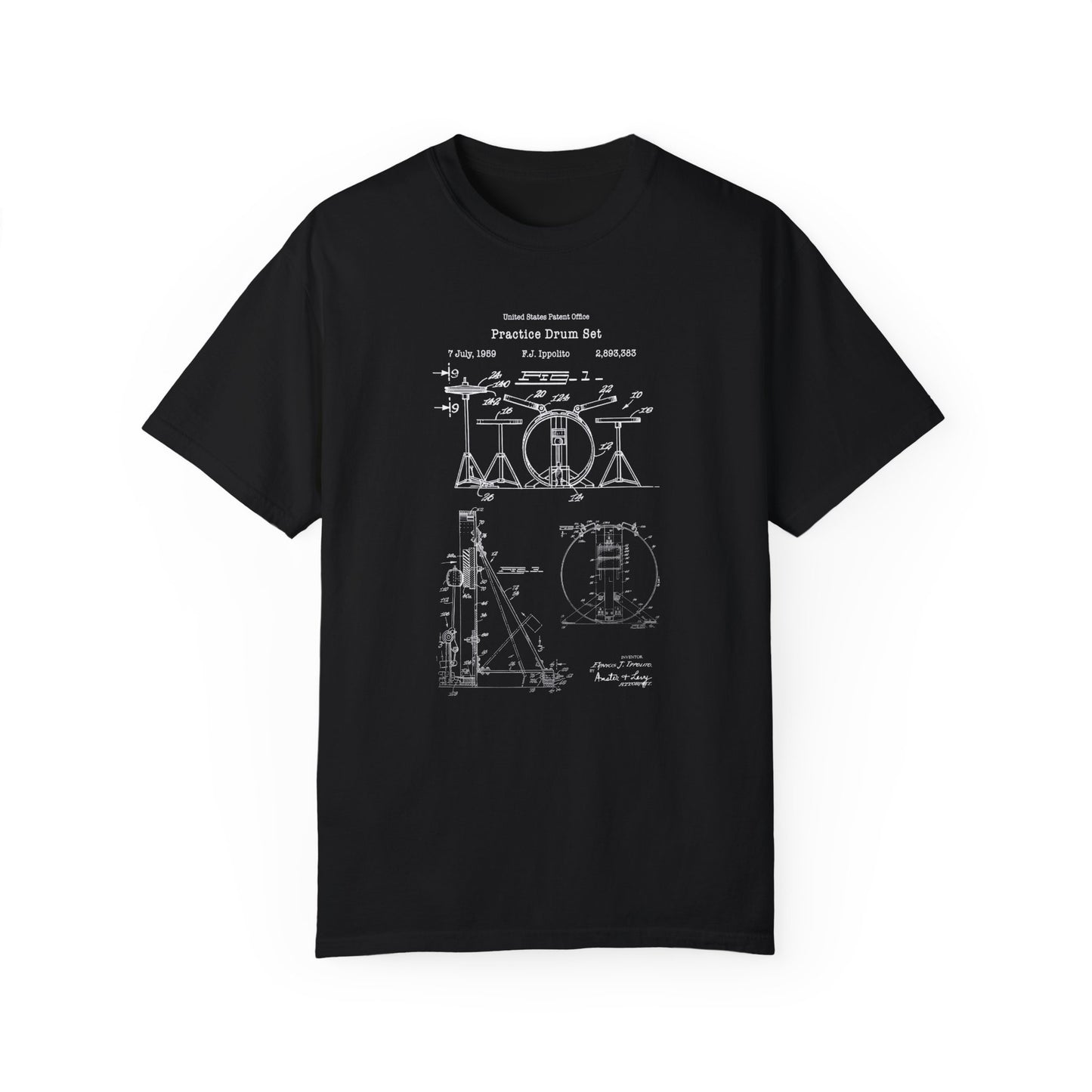 Practice drum set musical instrument design from US Patent Office. A quality T shirt perfect for music lovers, drummers, musicians