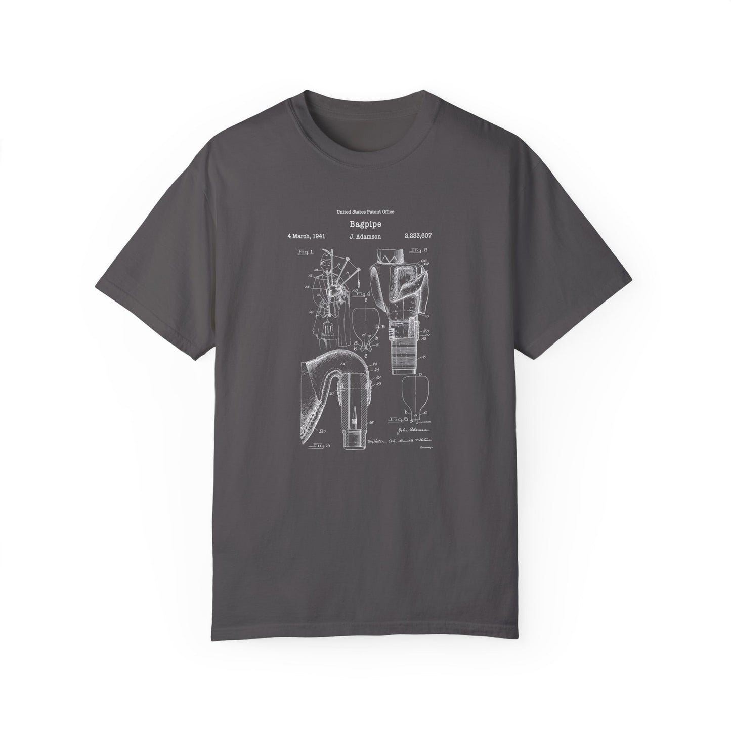 Scottish bagpipes musical instrument design from US Patent Office. A quality T shirt perfect for musicians, music lovers, bagpipers