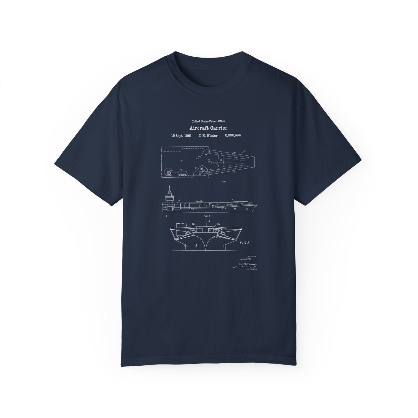 Naval aircraft carrier warship design from US Patent Office. A quality T shirt perfect for military naval historians navy veterans nautical