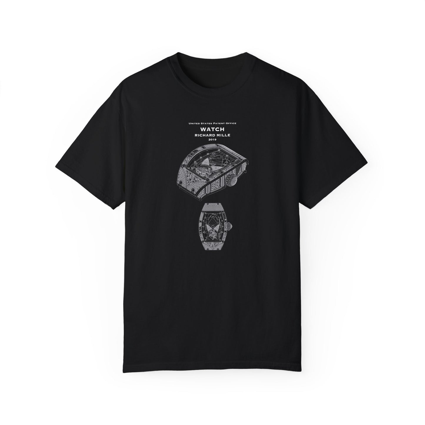 T shirt with US patent office design of watch for Richard Mille from 2019. Perfect gift for watch collectors, fashion, luxury watches