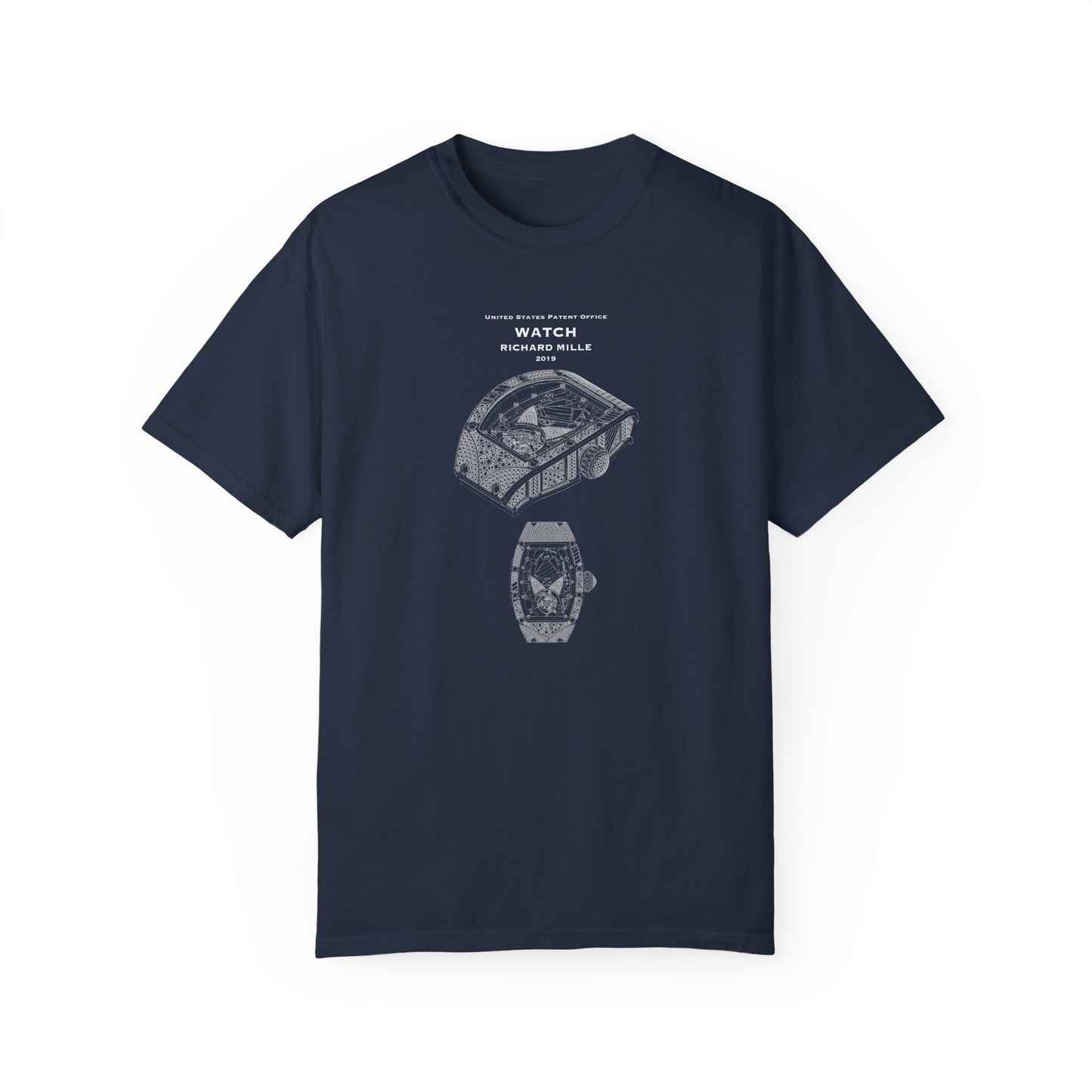 T shirt with US patent office design of watch for Richard Mille from 2019. Perfect gift for watch collectors, fashion, luxury watches