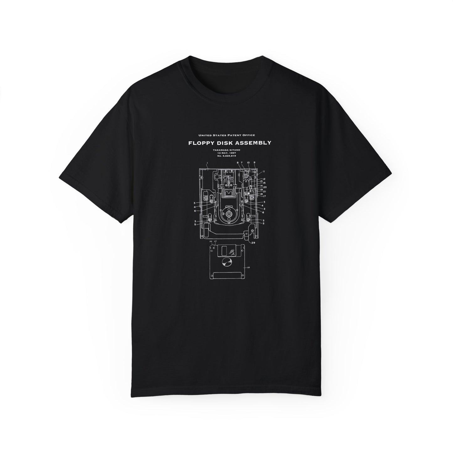 T shirt with US patent design from 1997 for the floppy disk assembly by Takamasa Kitano. Quality T shirt as gift for IT, computers, software