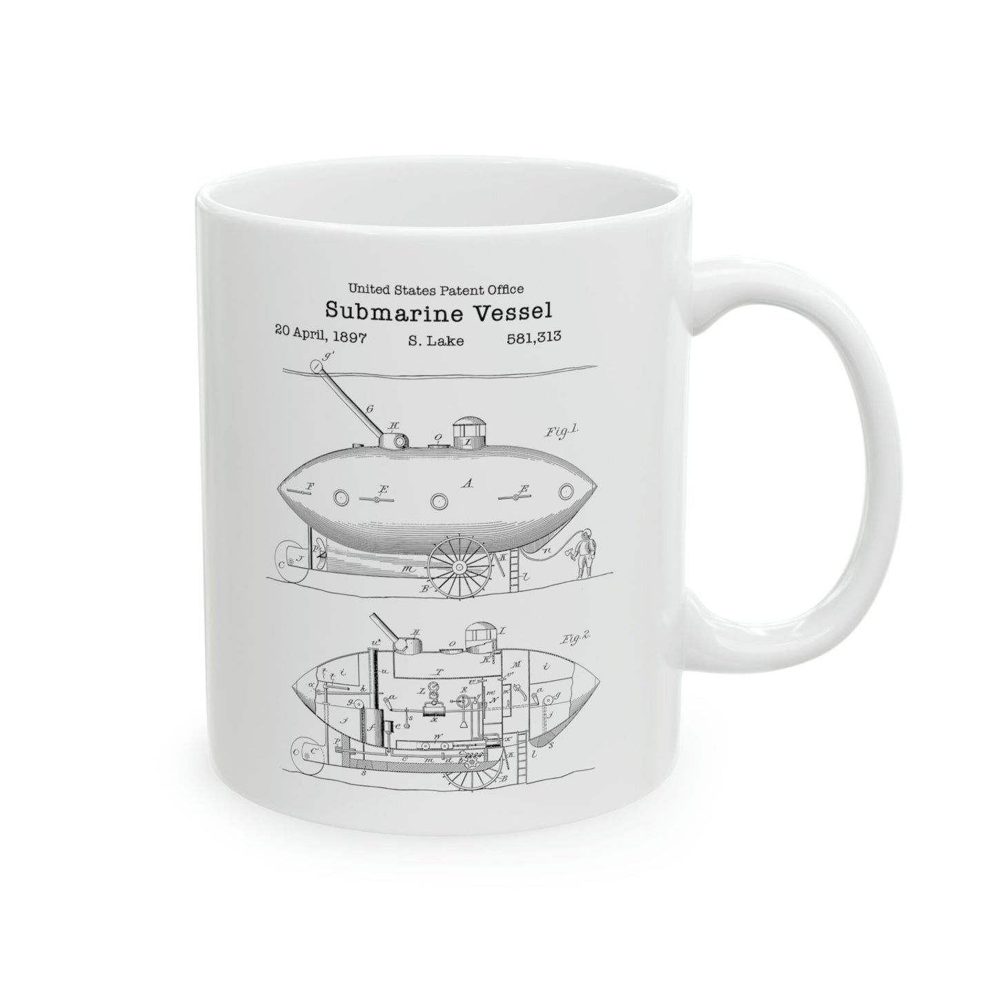 Old steampunk submarine design from 1897 from the US Patent Office. Perfect 11oz mug gift for submariners navy naval sailor nautical