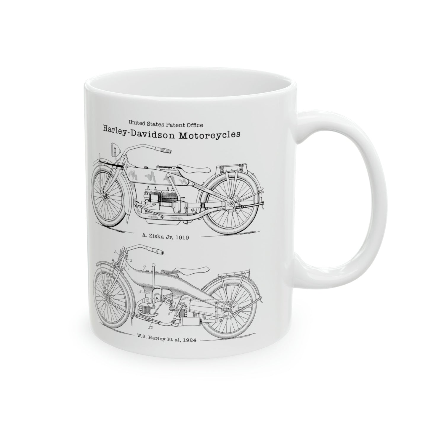 Pair of vintage Harley Davidson motorcycles from the US Patent Office. Perfect 11oz mug gift for bikers, motorbike lovers, Harley motorcycle