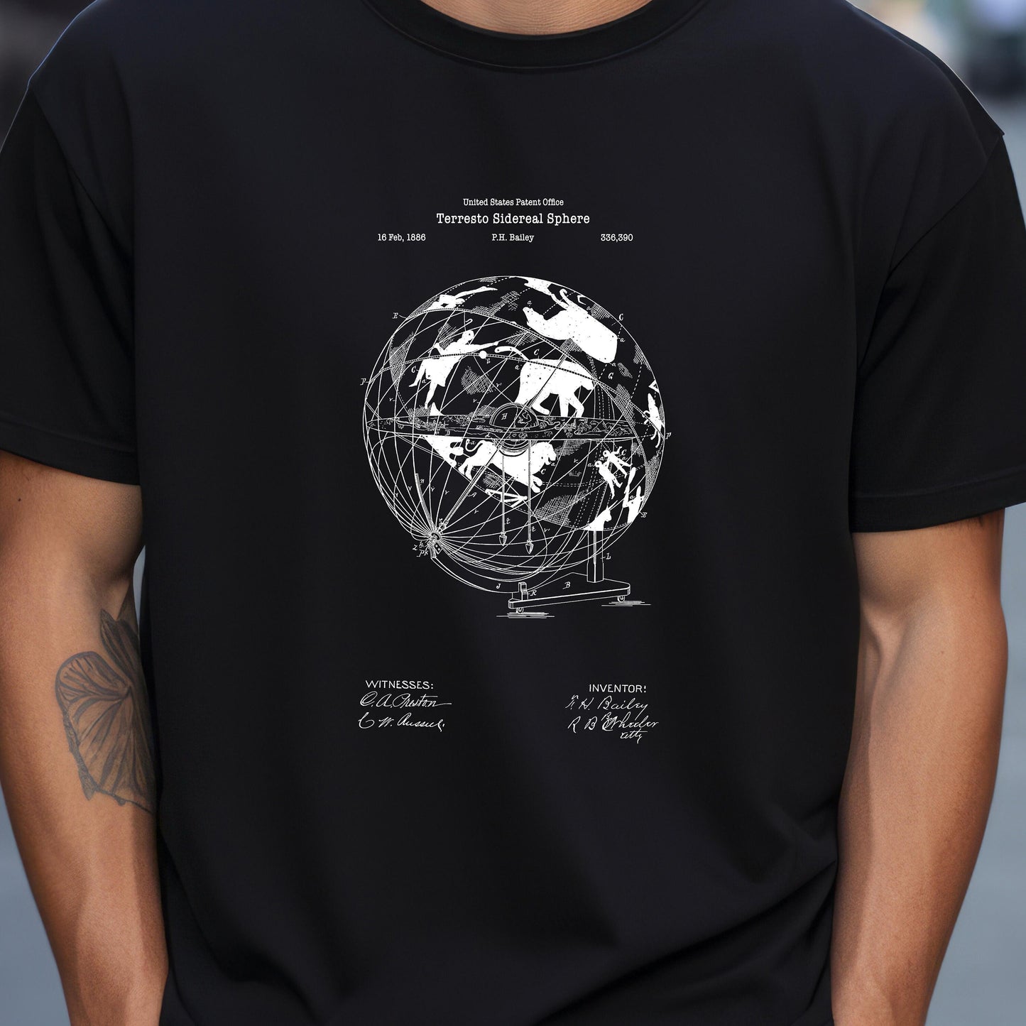 Terresto sidereal sphere design to study astronomy T shirt from the US Patent Office . Perfect gift for all with interest in space, stars