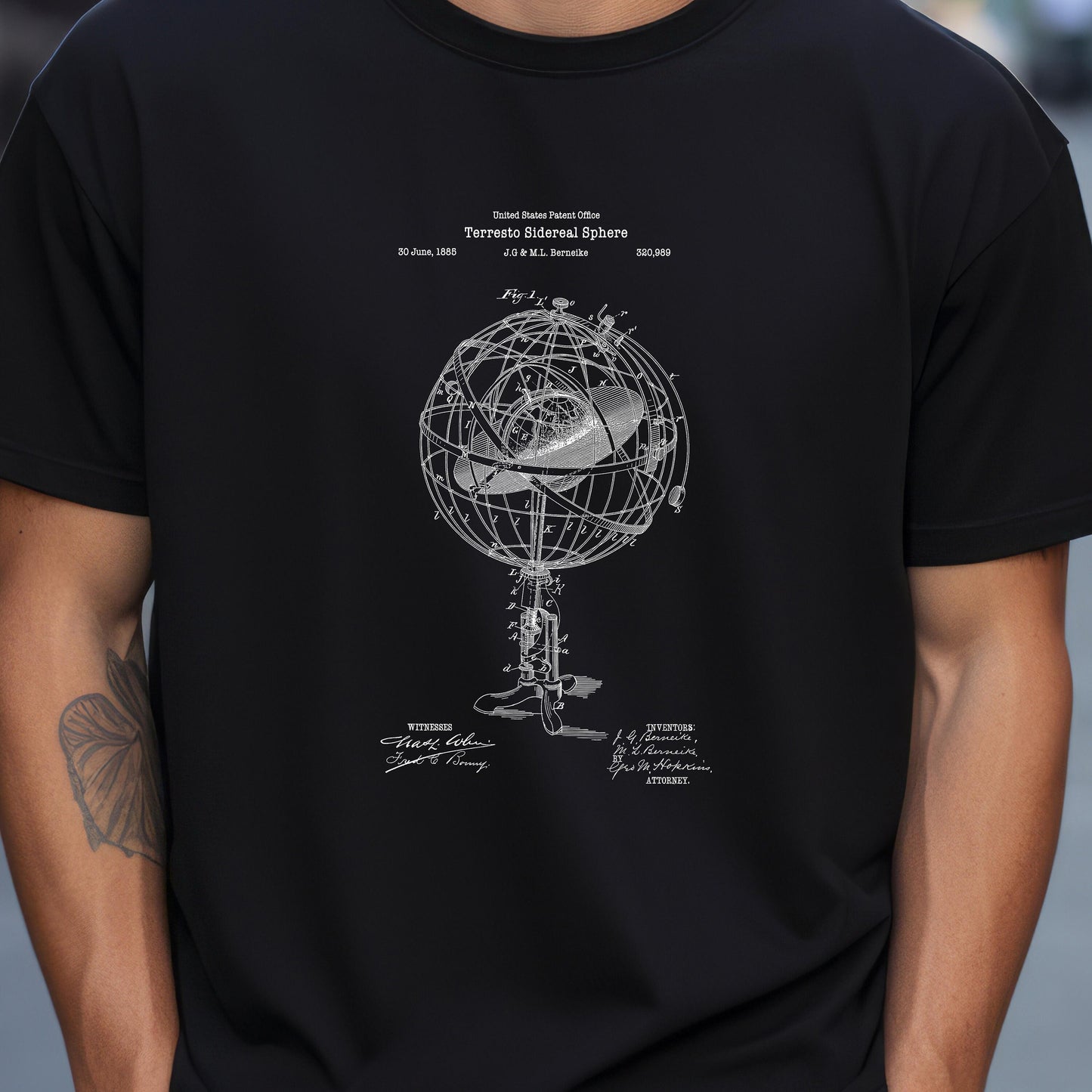 Terresto sidereal sphere design to study astronomy T shirt from the US Patent Office . Perfect gift for all with interest in space, stars