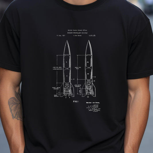 Wernher Von Braun rocket powered Missile design T shirt from the US Patent Office . Perfect gift for military, scientist, space, engineer