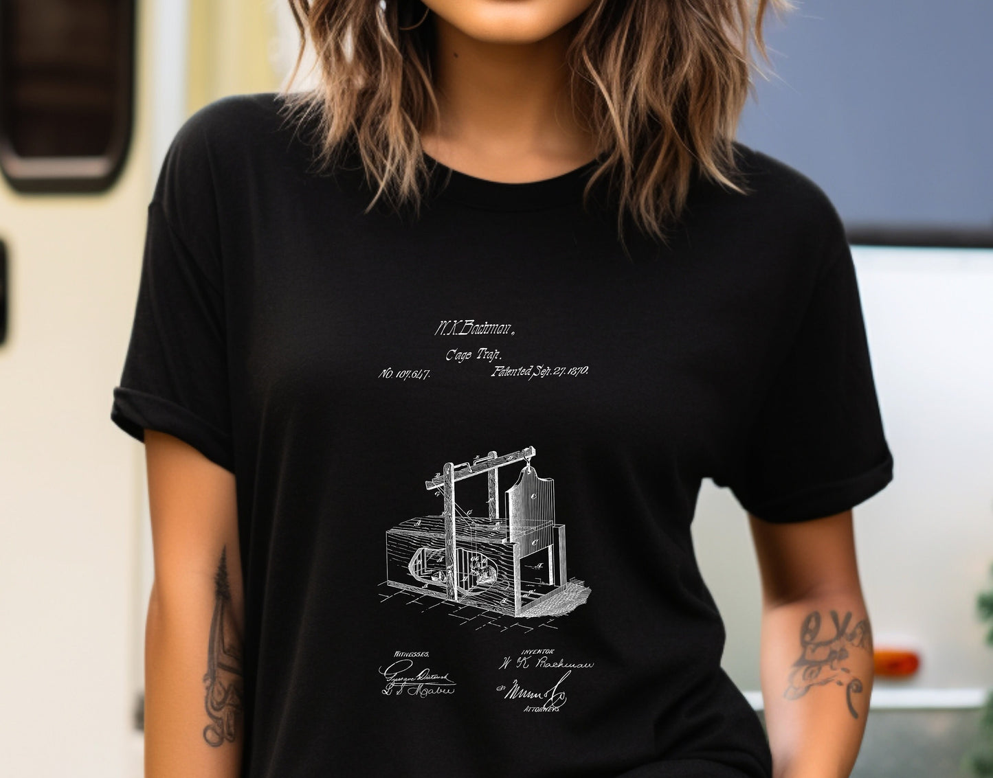 Old mouse trap design from 1870 t shirt from the US Patent Office . Perfect gift for steampunk fans, history buffs, pest control,