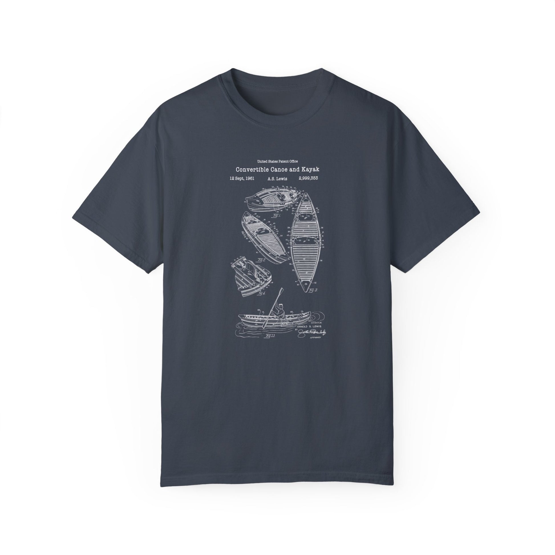 a blue shirt with a boat and paddles on it