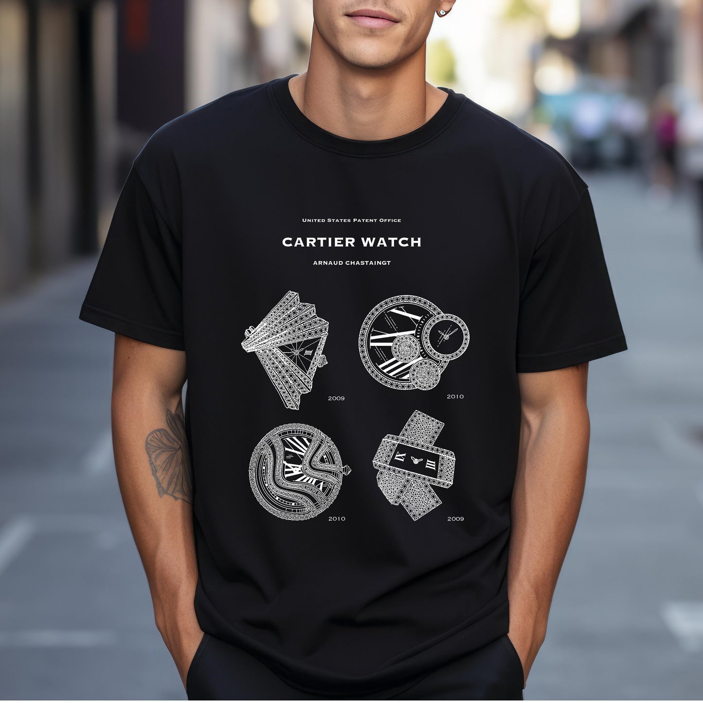 T shirt with US patent office designs for a variety of luxury Cartier watches by Arnaud Chastaingt. Gift for watch collectors