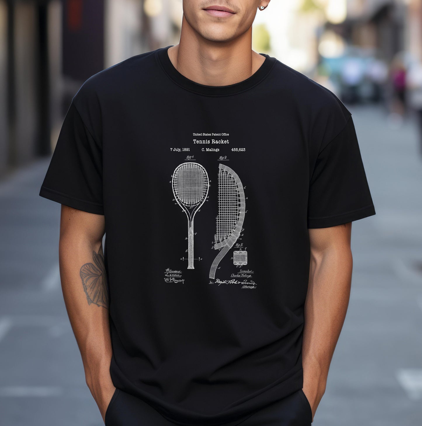 Vintage tennis racquet design from US Patent Office. A quality T shirt perfect for tennis players, ball games and racquet sports fans