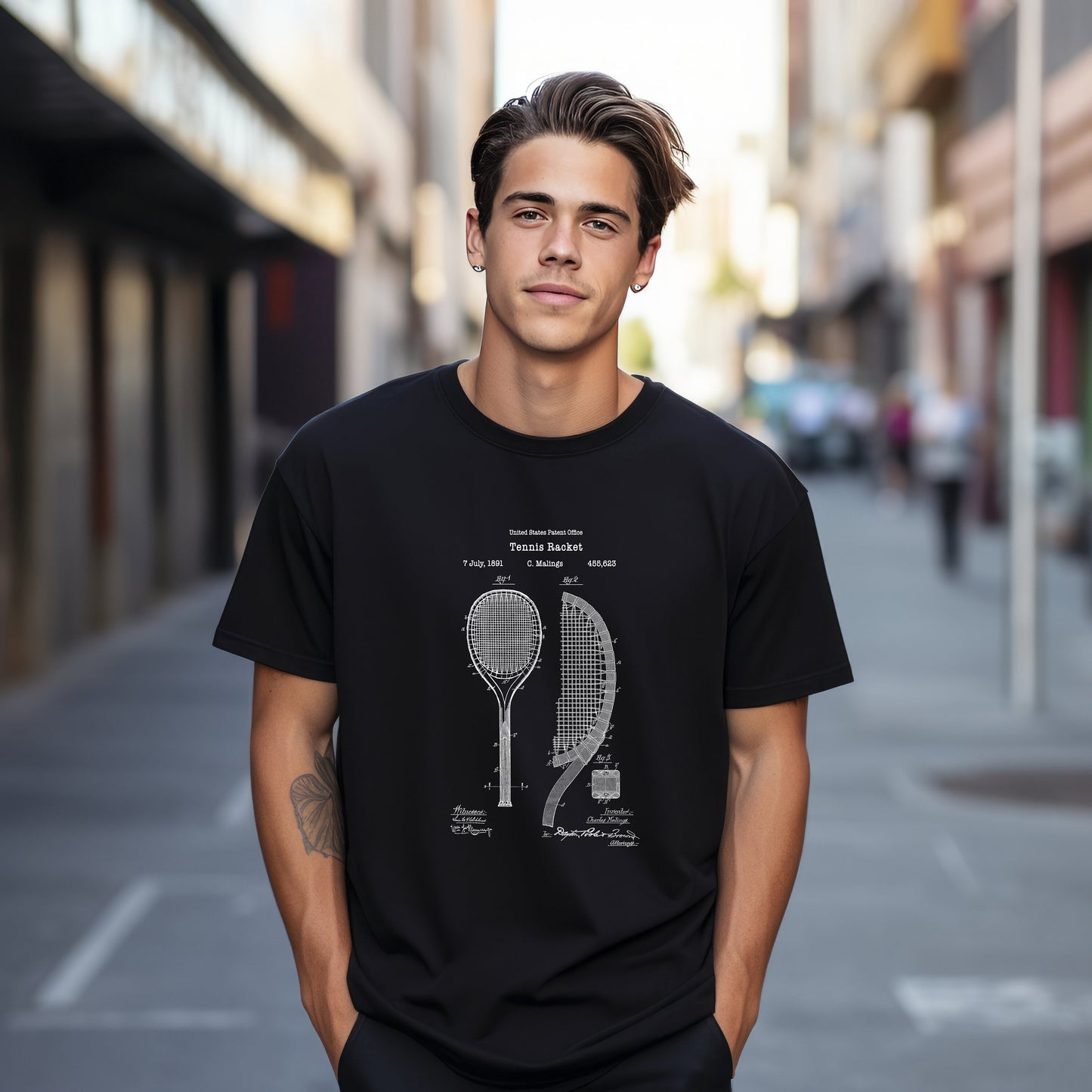 a man standing on a street with a tennis racket