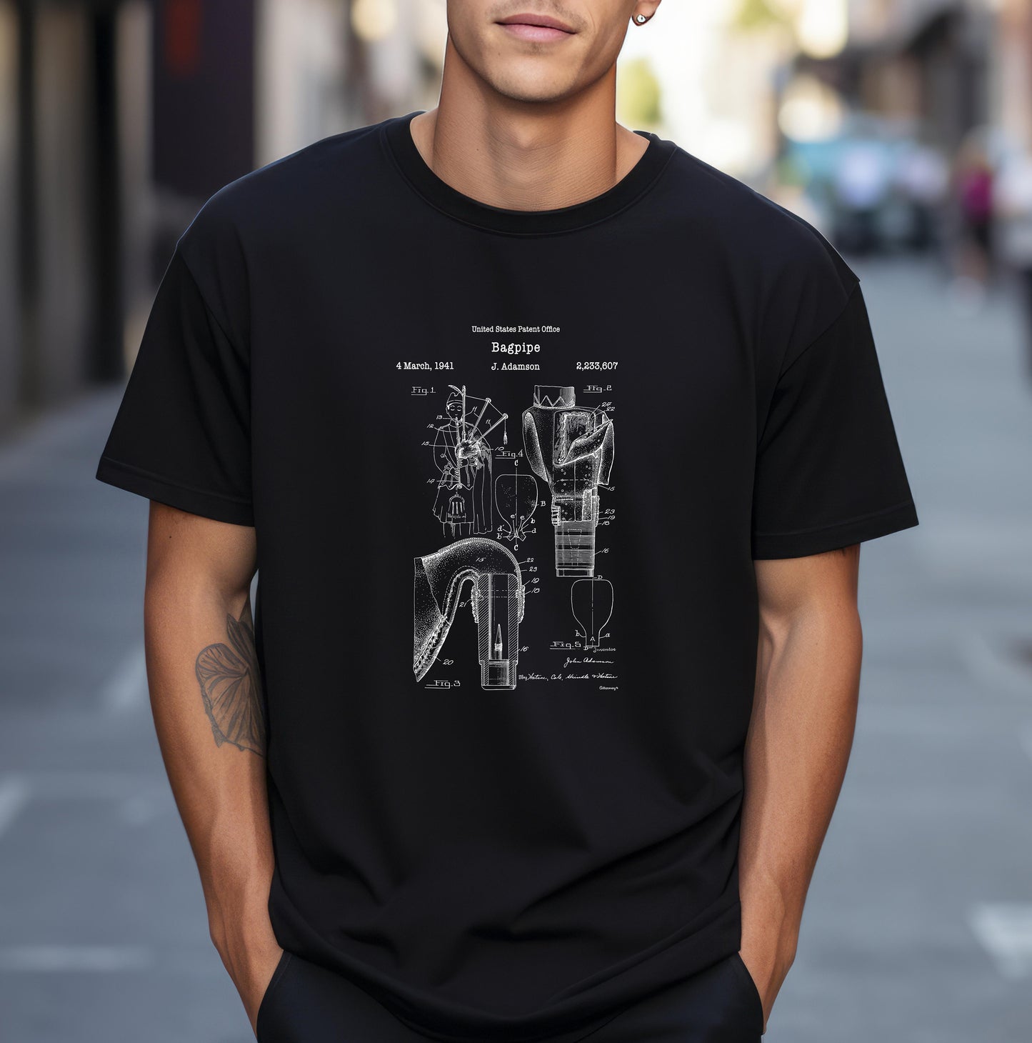 Scottish bagpipes musical instrument design from US Patent Office. A quality T shirt perfect for musicians, music lovers, bagpipers