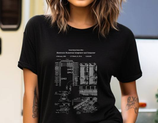 ENIAC first programmable computer design from US Patent Office. A quality T shirt perfect for computer geeks, data, information, science, IT