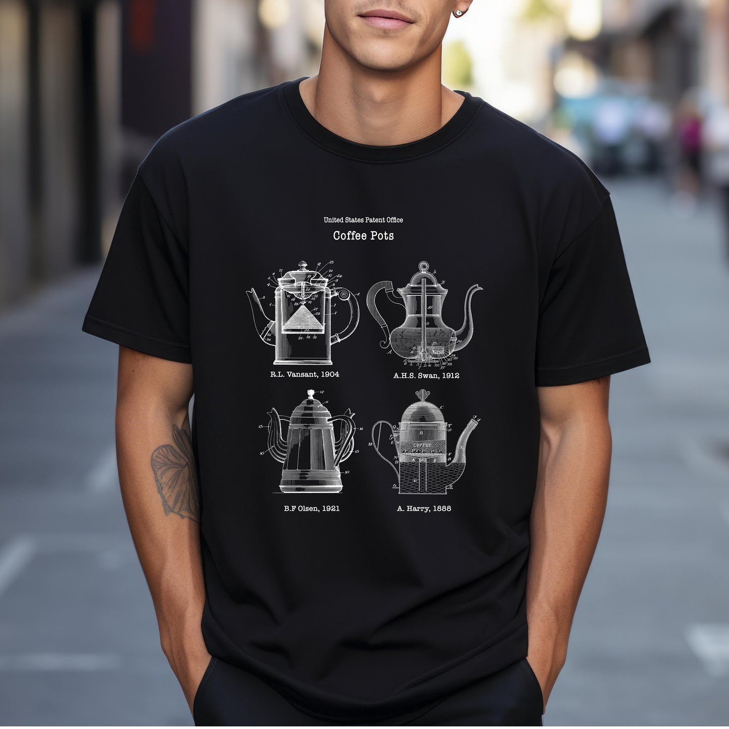 Vintage coffee pot designs from US Patent Office. A quality T shirt perfect for coffee and caffeine lovers