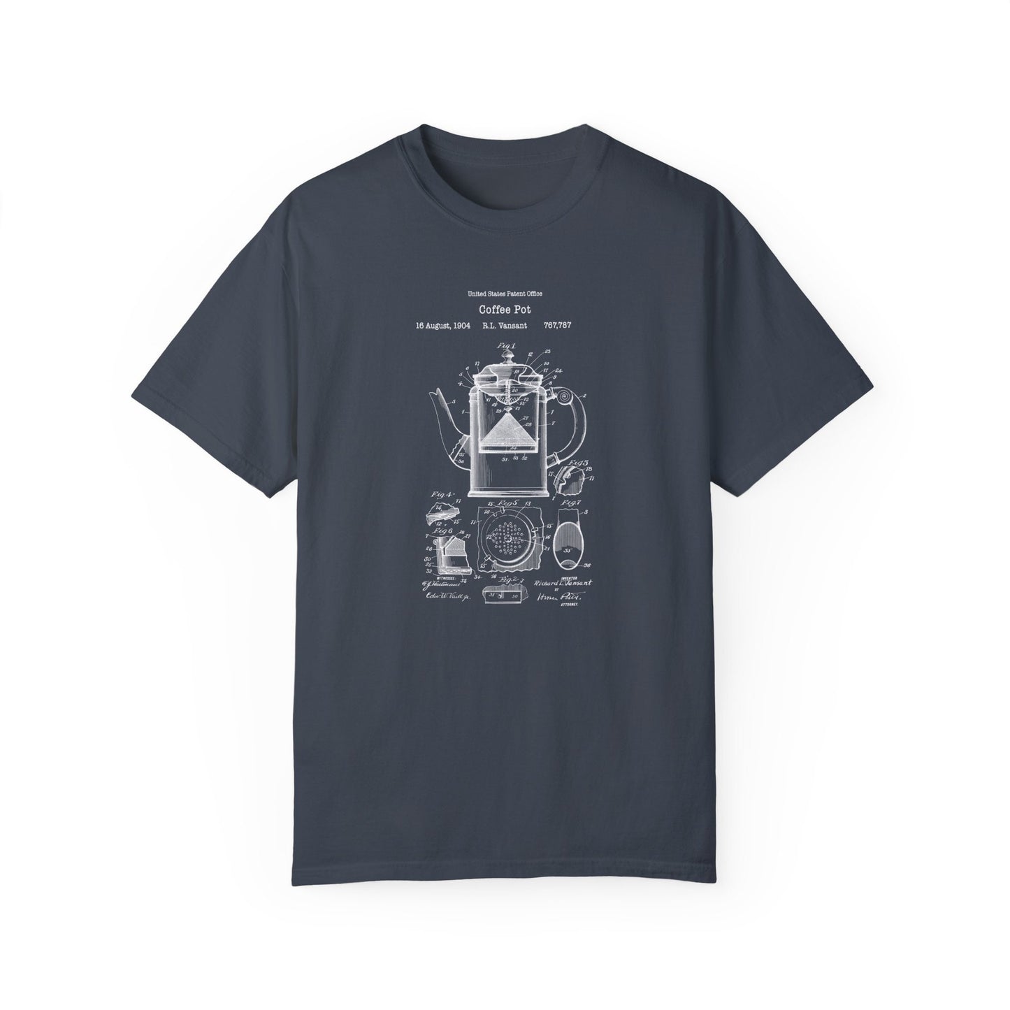 a t - shirt with a blueprint of a coffee pot