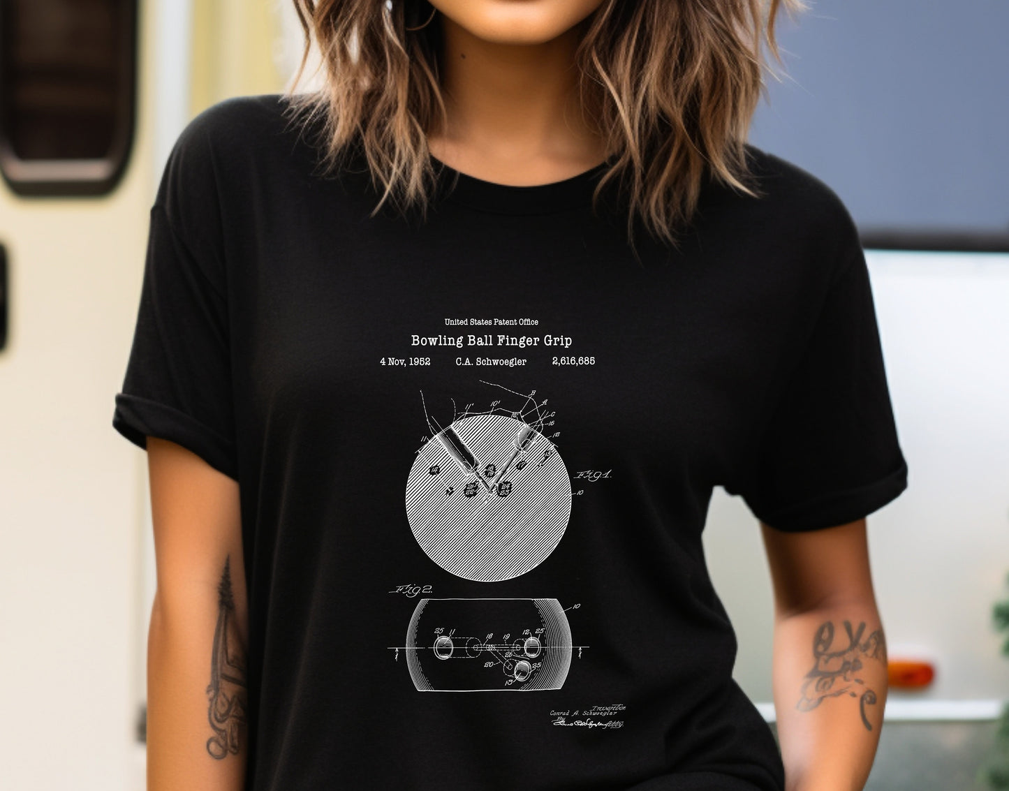 Bowling ball finger grip design from US Patent Office. A quality T shirt perfect for ten pin bowling fans, bowlers, sports lovers