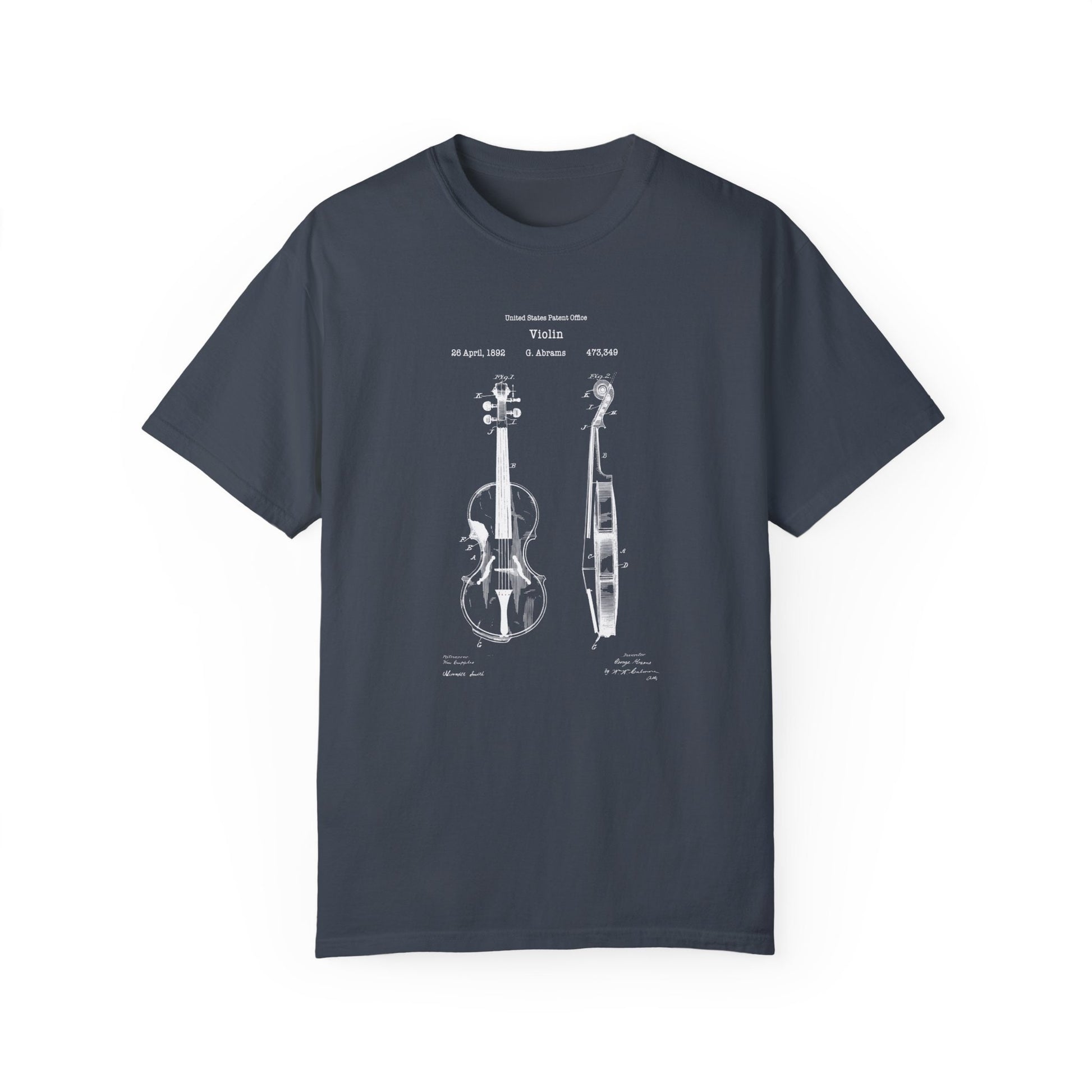 a blue t - shirt with a drawing of a violin