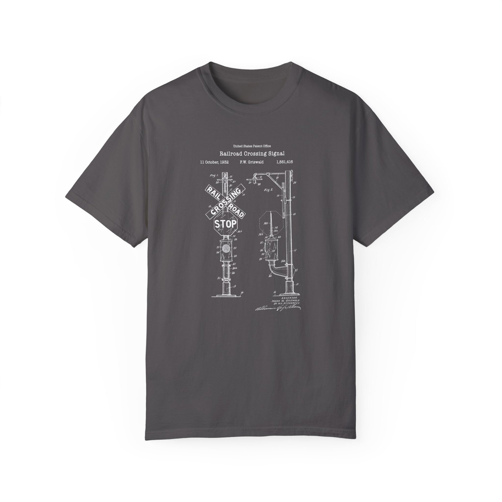 a gray t - shirt with a drawing of a train engine