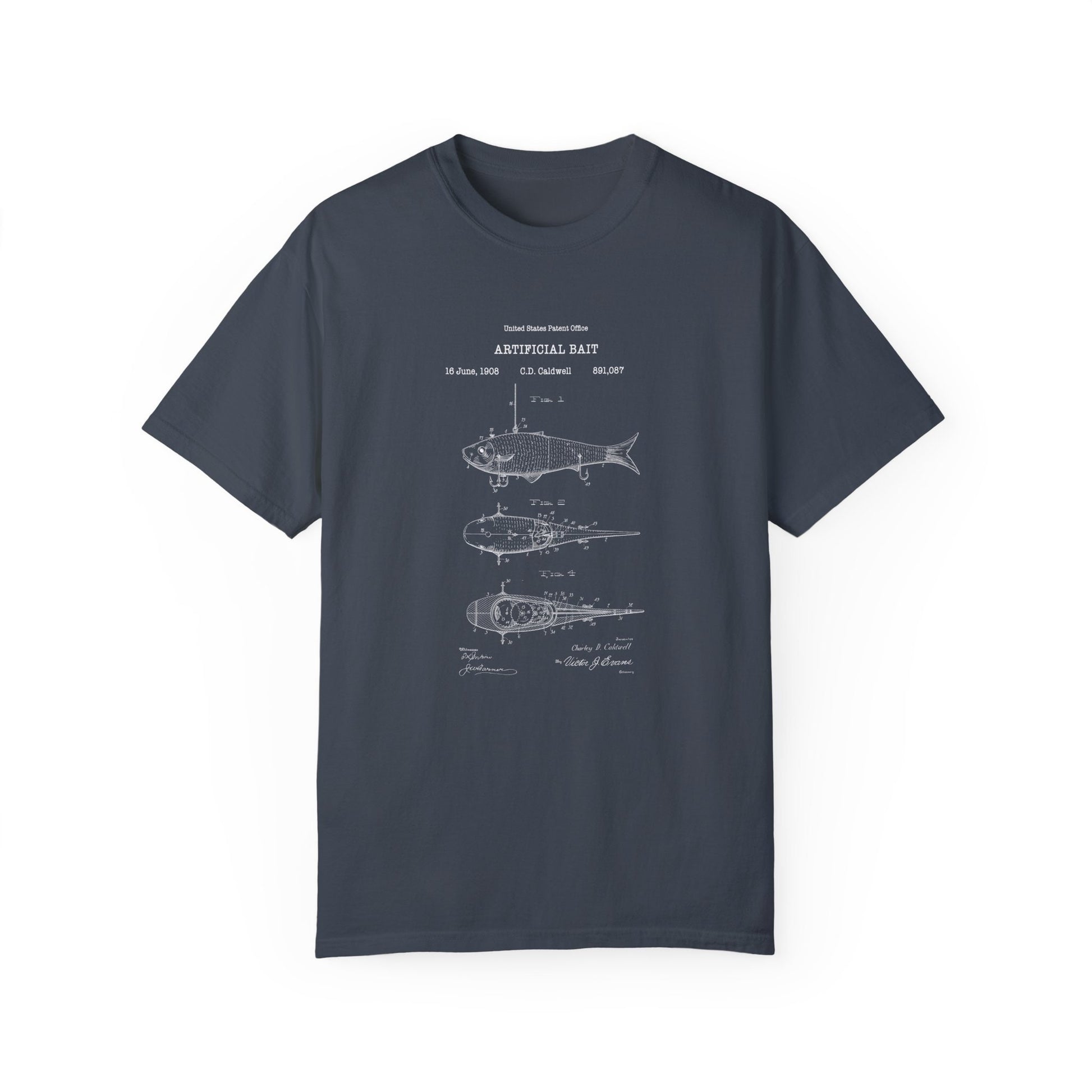 a gray t - shirt with a blueprinted image of a fish
