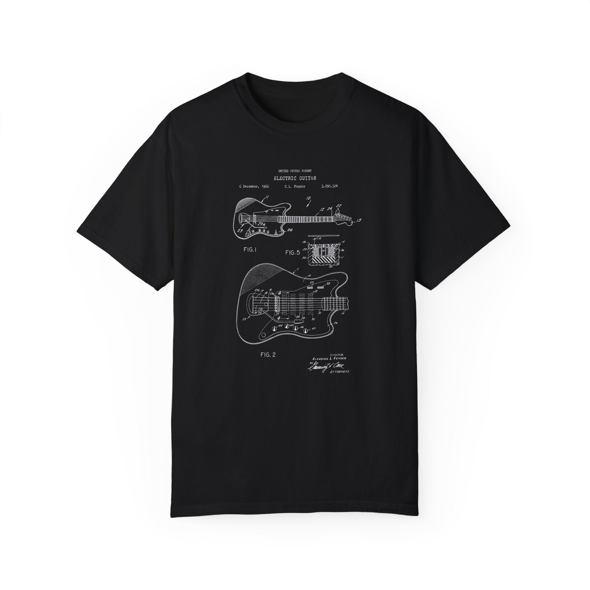 a black t - shirt with a drawing of a guitar