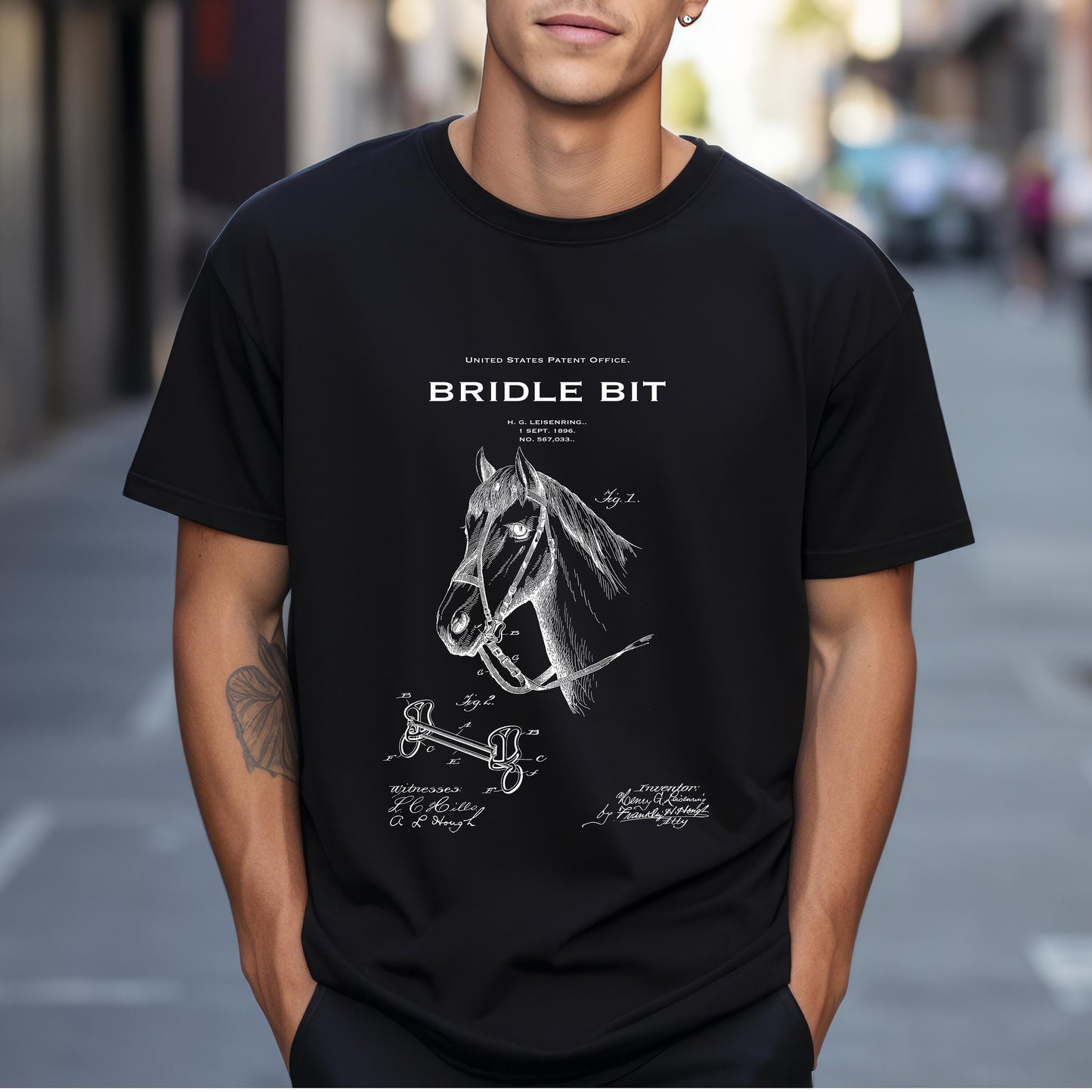 T shirt with US patent design from 1896 for a vintage bridle bit for a horse. Quality T shirt as gift for horse, animal lovers, horses