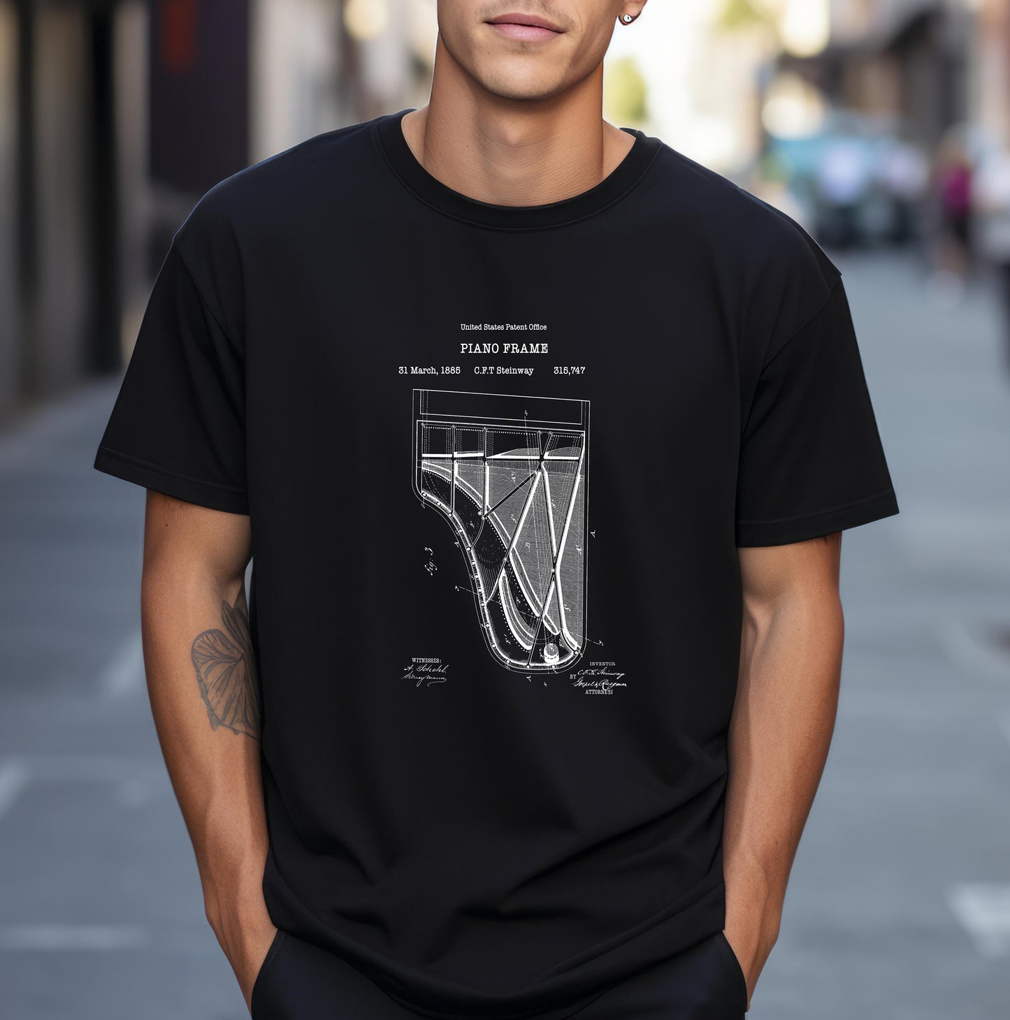 Steinway piano musical instrument patent from 1885 from the US Patent Office. A quality T shirt as gift for a music lover or piano player