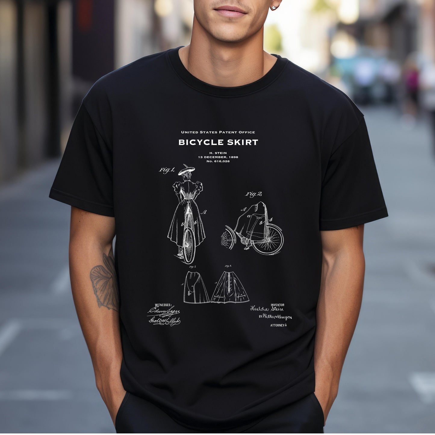 T shirt with US patent design from 1908 for quirky steampunk womens skirt for modesty  cycling. Quality T shirt as gift for cyclists cycling