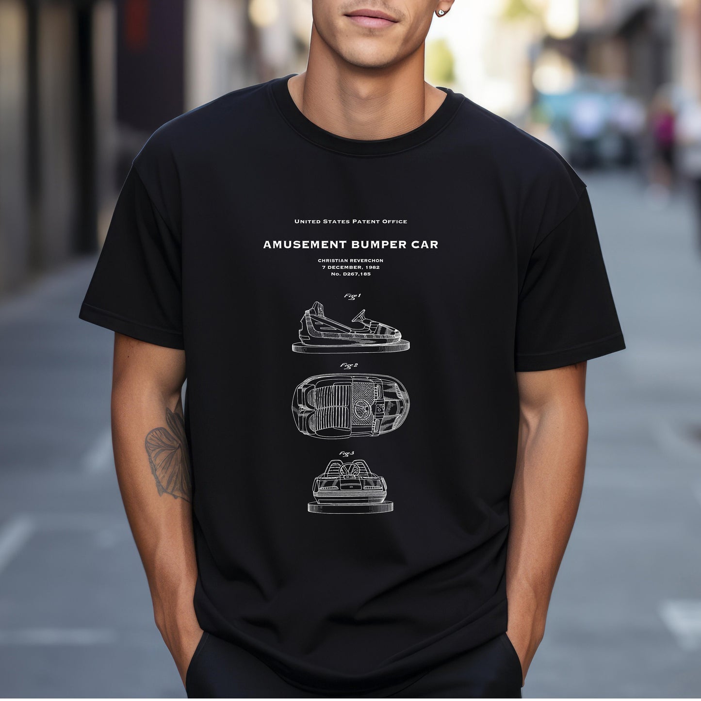 T shirt with US patent design from 1982 for amusement funfair park bumper cars.Quality T shirt as gift for funfair ride fans, theme park