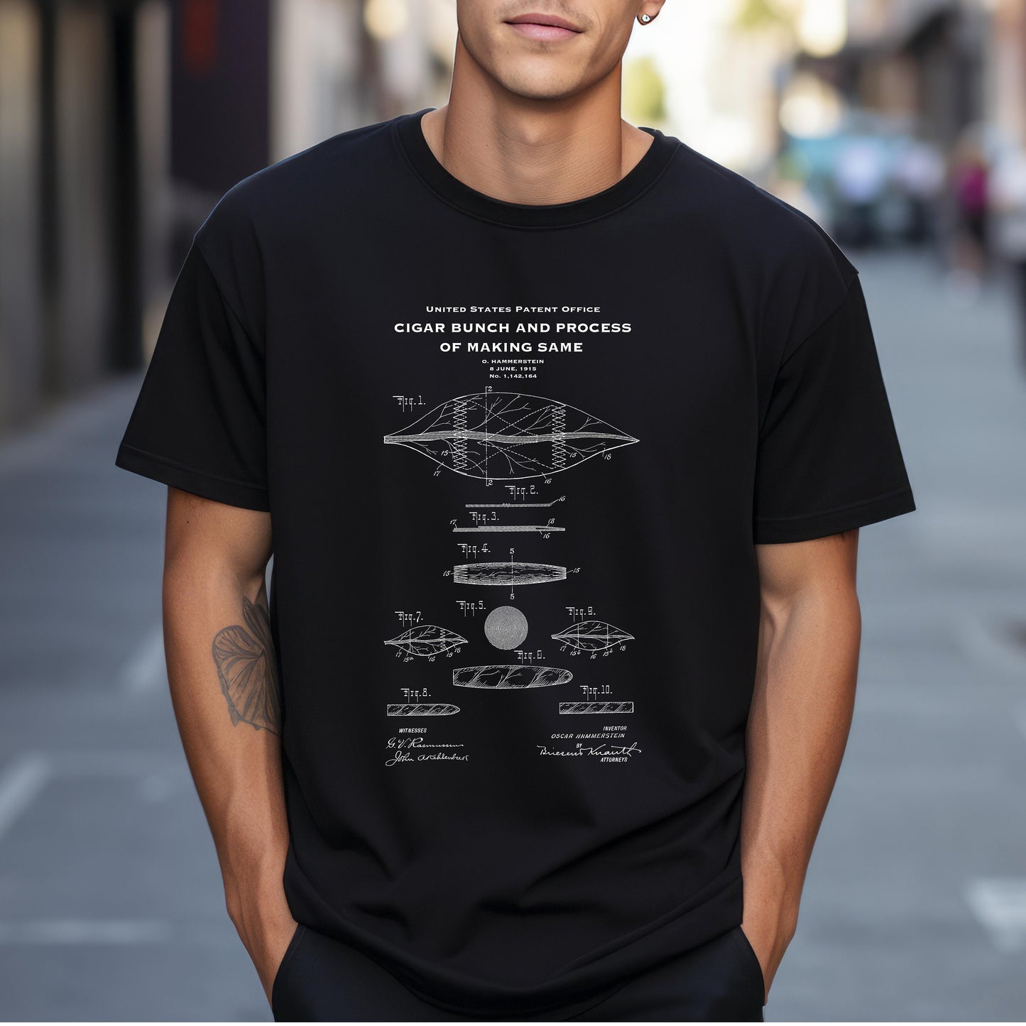 T shirt with US patent design from 1915 for method to making a cigar. Quality T shirt as gift for cigar fans, smokers, smoking, cigars