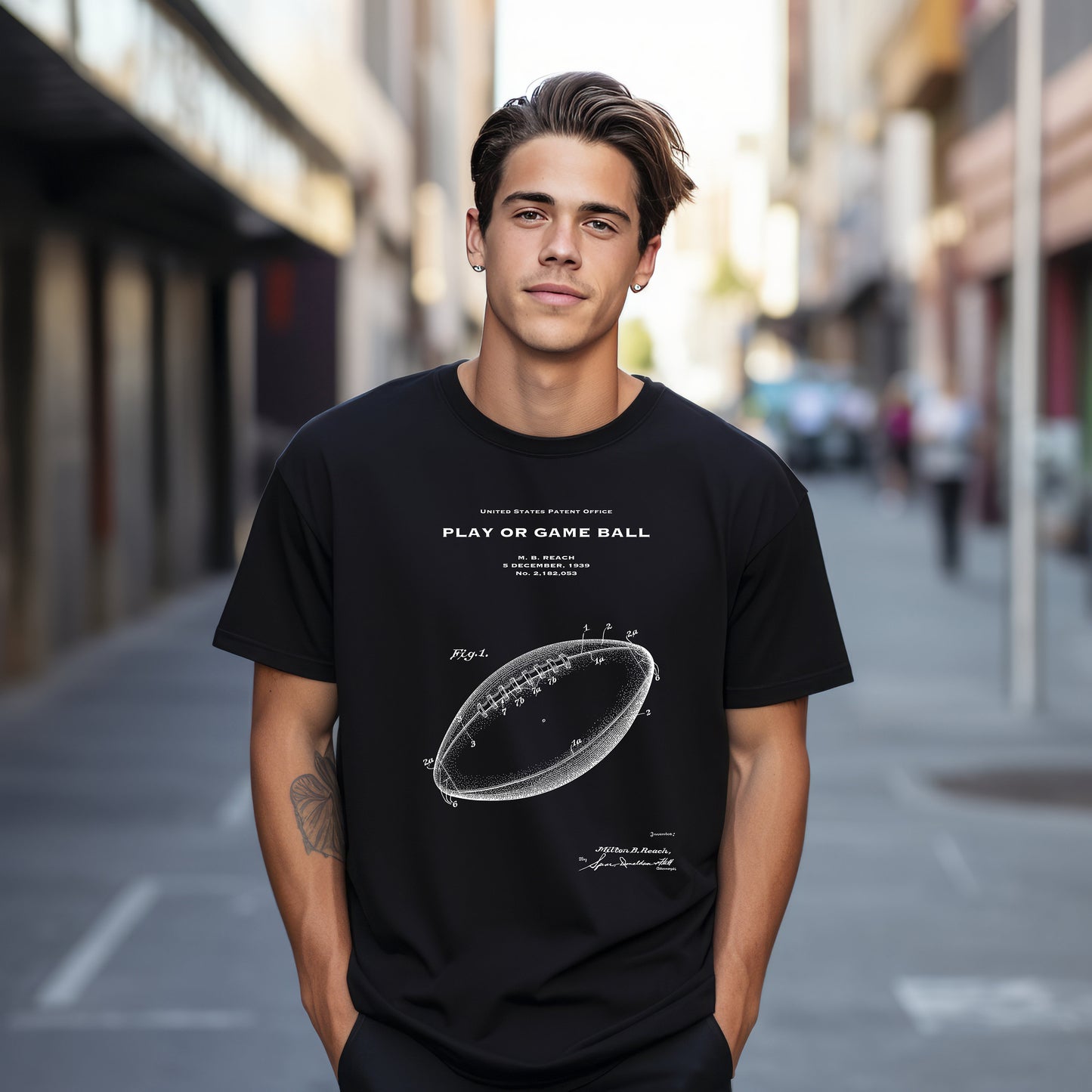 a man standing on a street with a black shirt on