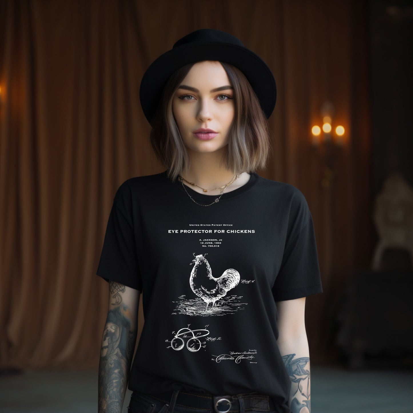 a woman wearing a black shirt with a chicken on it