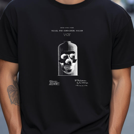 T shirt with US patent design for a quirky vintage steampunk style poison bottle  container from 1875 perfect gift for doctors, medical