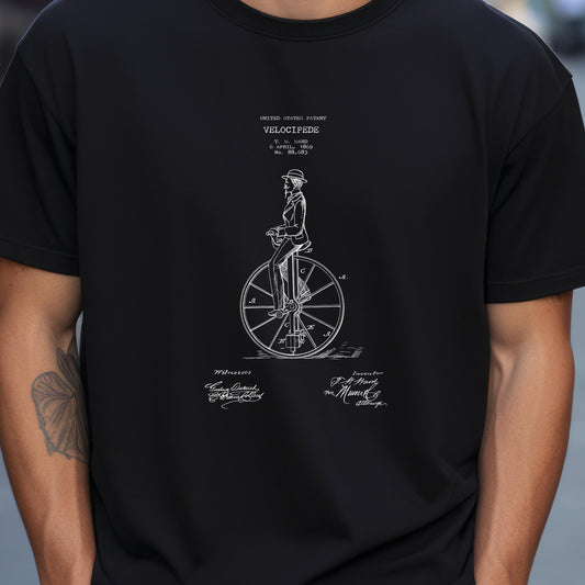 T shirt with US patent design from 1869 for a quirky unusual velocipede bicycle. Quality T shirt as gift for cyclists, bike fans, cycling