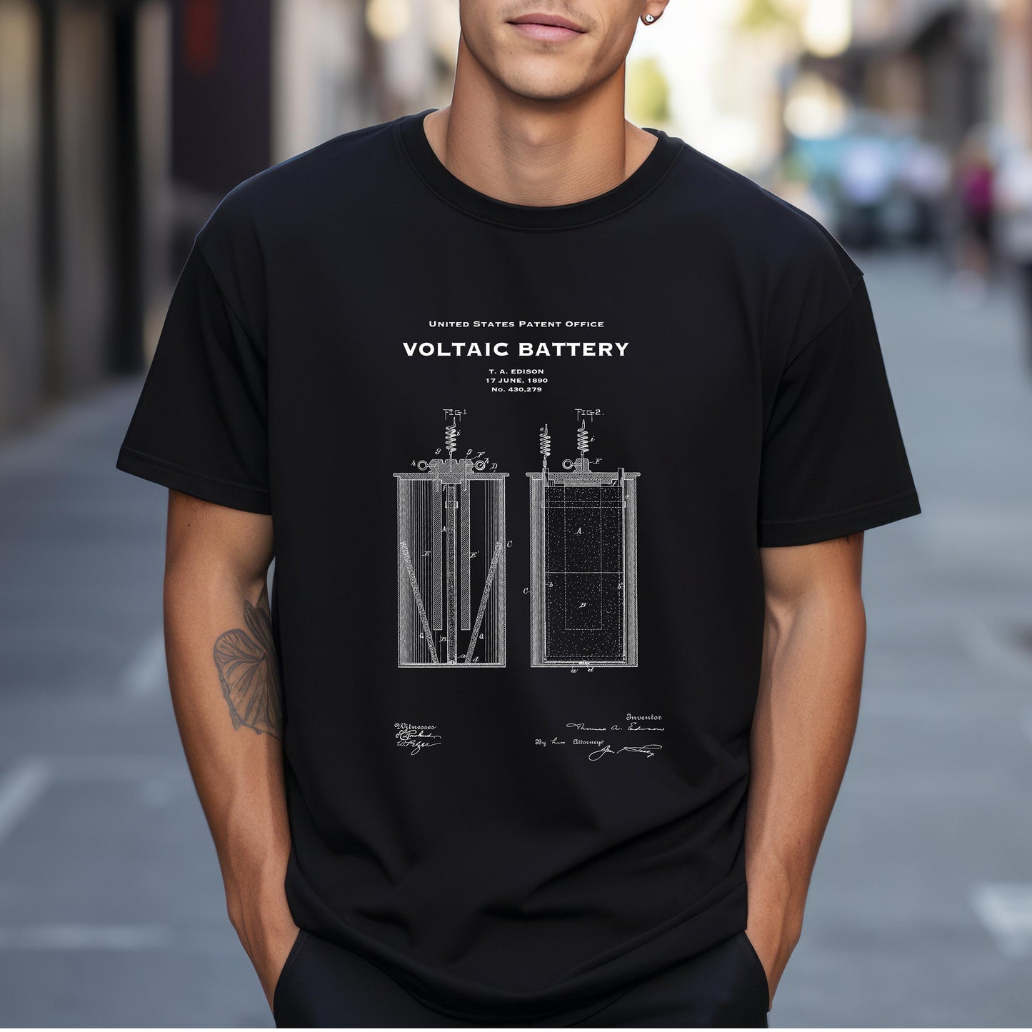 T shirt design with US patent design from 1890 for a voltaic battery by Thomas Edison. Quality T shirt as gift for scientists, engineers