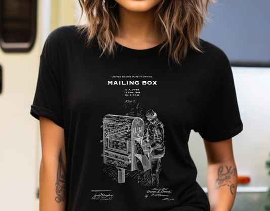 T shirt with US patent design from 1906 for a vintage  United States Post Office post mailing box perfect gift for postman, mail man